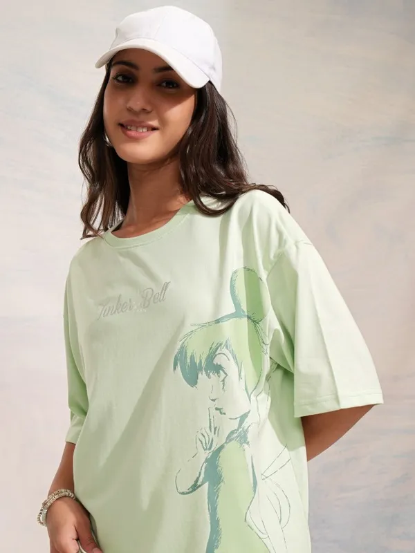 Disney By Tokyo Talkies Women Green Tinker Bell Printed Oversized T-Shirt