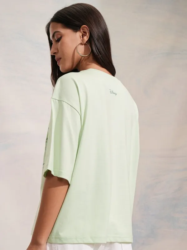 Disney By Tokyo Talkies Women Green Tinker Bell Printed Oversized T-Shirt