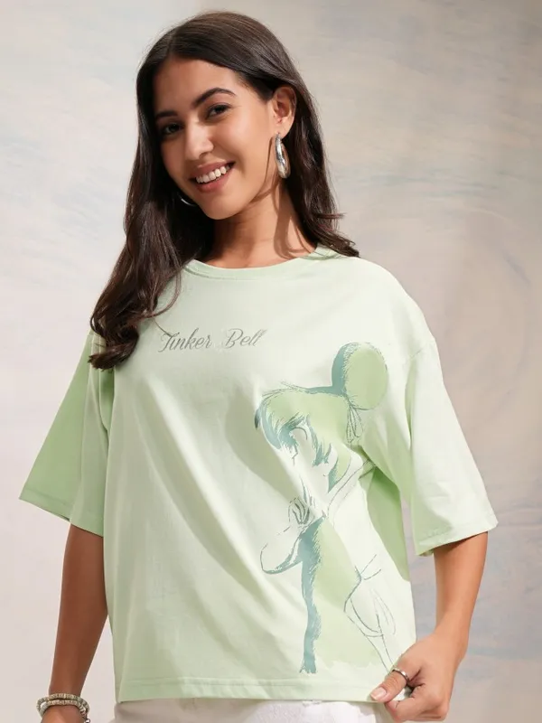 Disney By Tokyo Talkies Women Green Tinker Bell Printed Oversized T-Shirt
