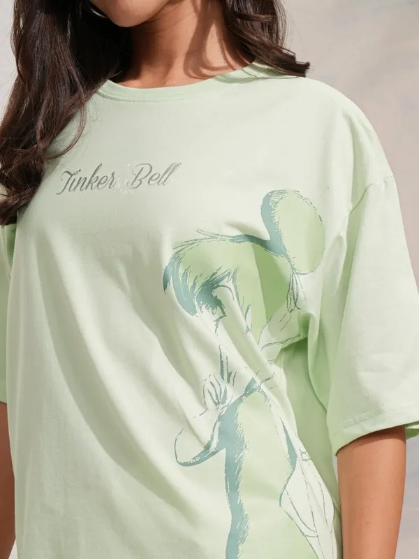 Disney By Tokyo Talkies Women Green Tinker Bell Printed Oversized T-Shirt