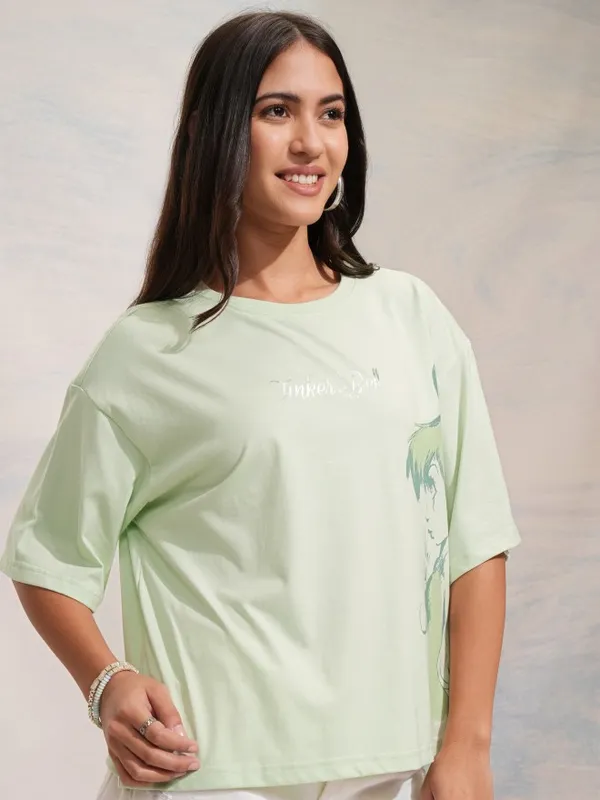 Disney By Tokyo Talkies Women Green Tinker Bell Printed Oversized T-Shirt
