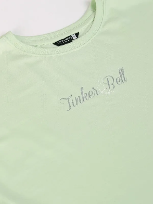 Disney By Tokyo Talkies Women Green Tinker Bell Printed Oversized T-Shirt