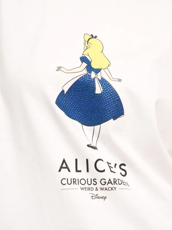 Disney By Tokyo Talkies Women White Alice Printed Round Neck Boxy Fit T-Shirt
