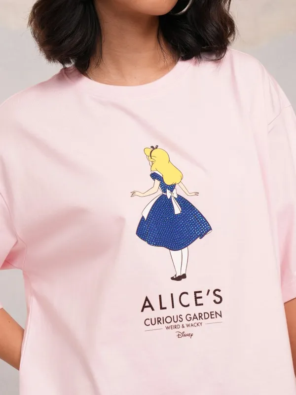 Disney By Tokyo Talkies Women Pink Alice Printed Round Neck Boxy Fit T-Shirt