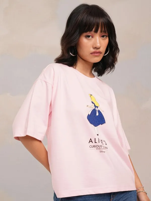 Disney By Tokyo Talkies Women Pink Alice Printed Round Neck Boxy Fit T-Shirt