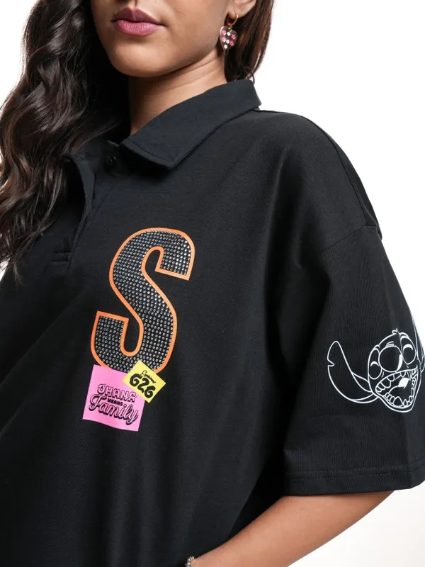 Stitch Printed Oversized Fit Polo T-Shirt