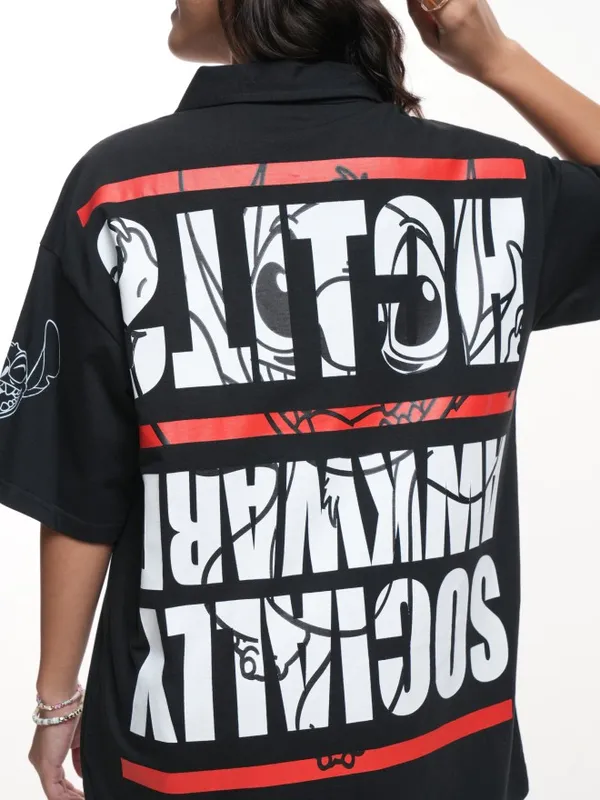 Stitch Printed Oversized Fit Polo T-Shirt