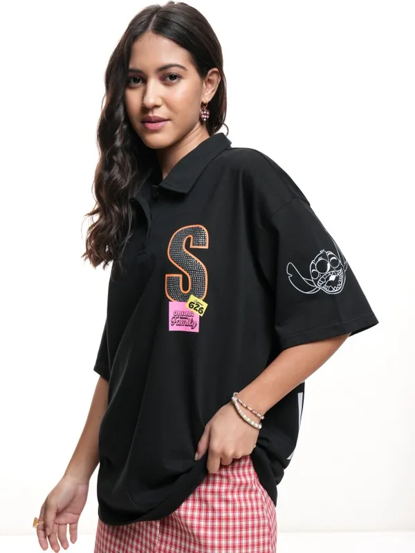 Disney By Tokyo Talkies Women Black Stitch Printed Polo Collar Oversized Fit T-Shirt
