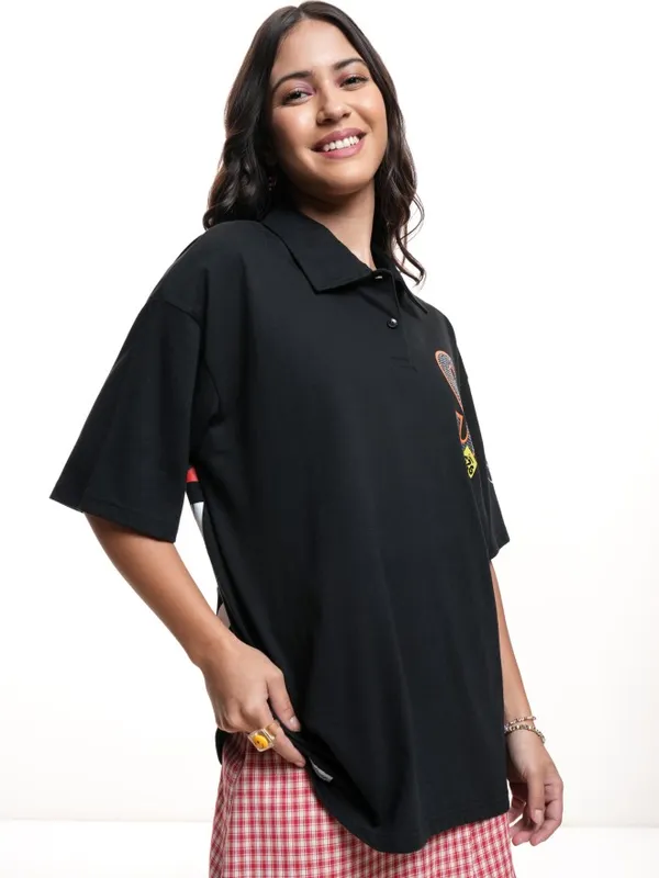 Disney By Tokyo Talkies Women Black Stitch Printed Polo Collar Oversized Fit T-Shirt
