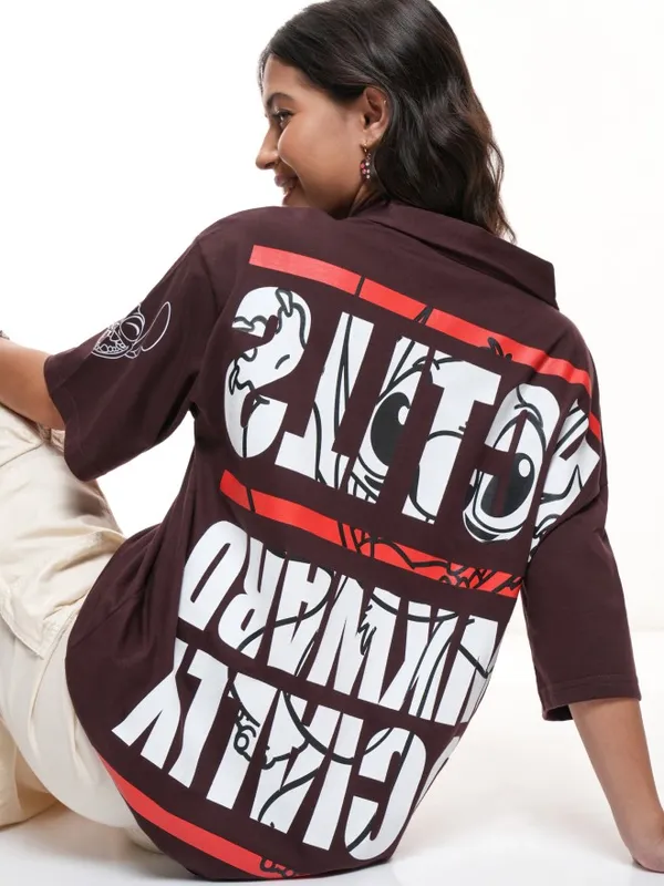 Stitch Printed Oversized Fit Polo T-Shirt