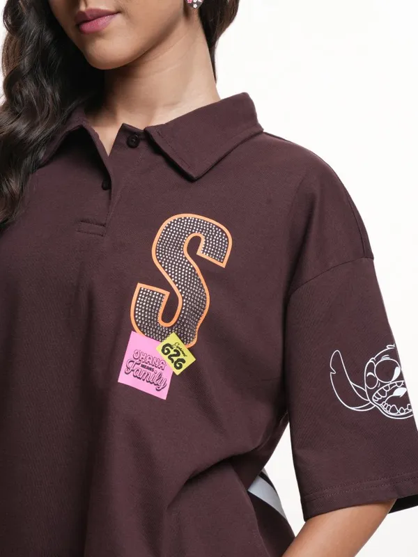 Stitch Printed Oversized Fit Polo T-Shirt