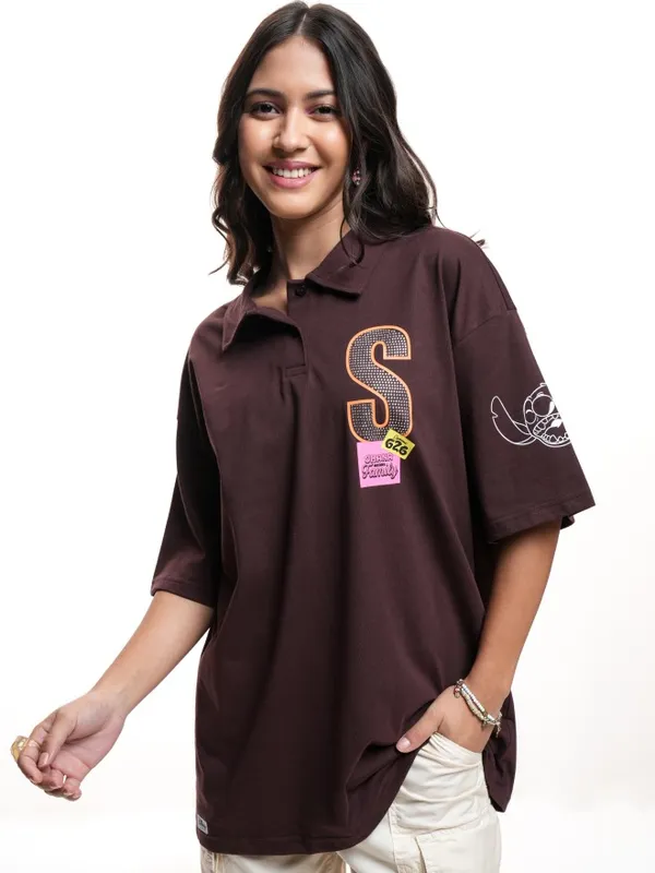 Disney By Tokyo Talkies Women Brown Stitch Printed Polo Collar Oversized Fit T-Shirt