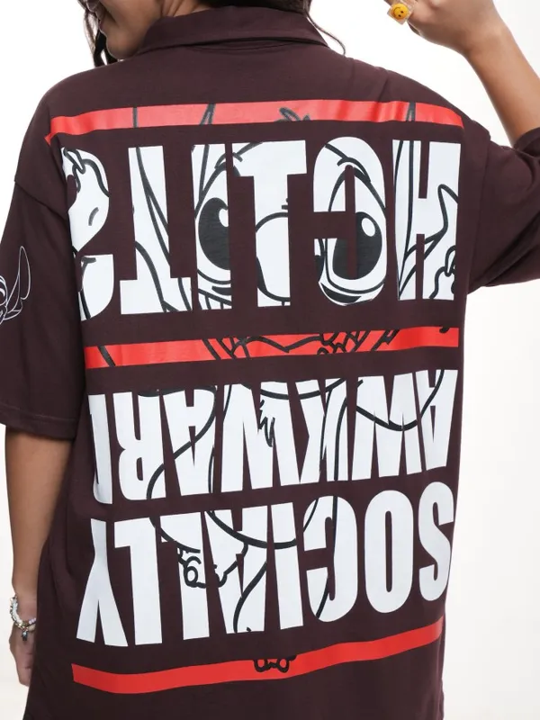 Disney By Tokyo Talkies Women Brown Stitch Printed Polo Collar Oversized Fit T-Shirt