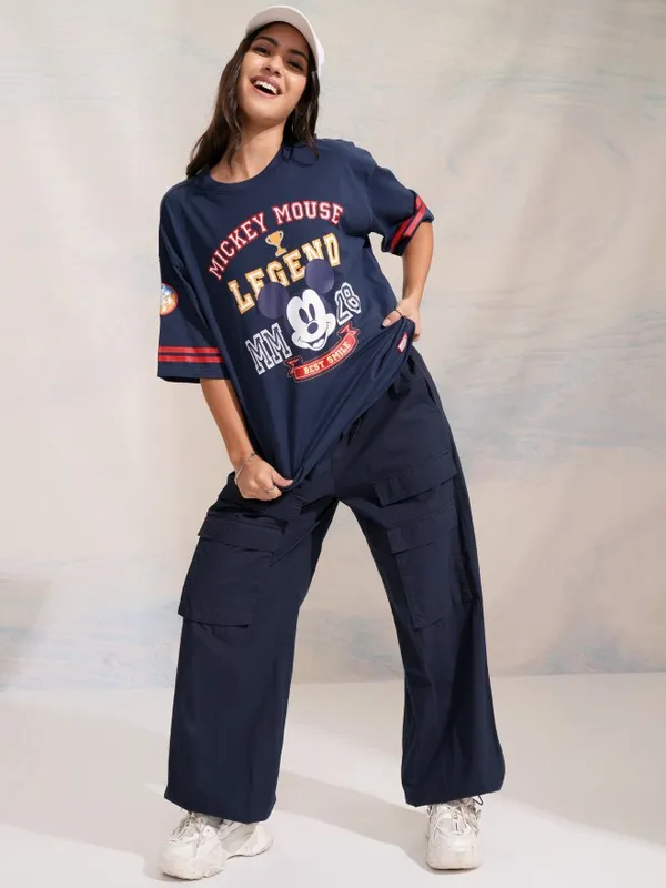 Disney By Tokyo Talkies Women Navy Blue Mickey Mouse Printed Round Neck T-Shirt