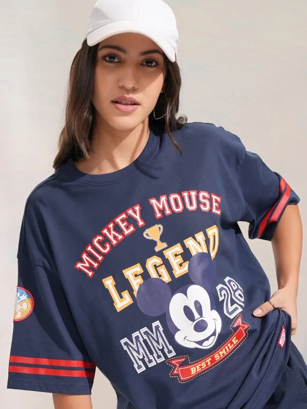 Disney By Tokyo Talkies Women Navy Mickey Mouse Printed Relaxed Fit Casual T-Shirt