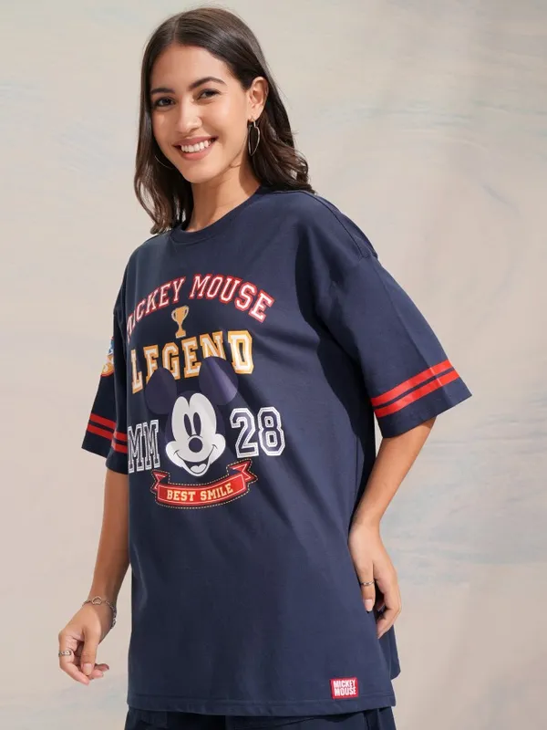 Disney By Tokyo Talkies Women Navy Mickey Mouse Printed Relaxed Fit Casual T-Shirt