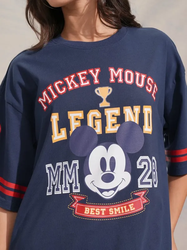 Disney By Tokyo Talkies Women Navy Mickey Mouse Printed Relaxed Fit Casual T-Shirt