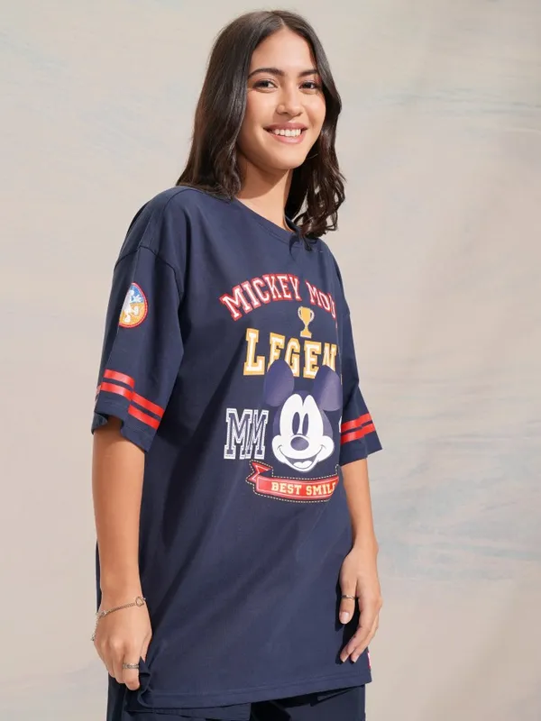 Disney By Tokyo Talkies Women Navy Mickey Mouse Printed Relaxed Fit Casual T-Shirt