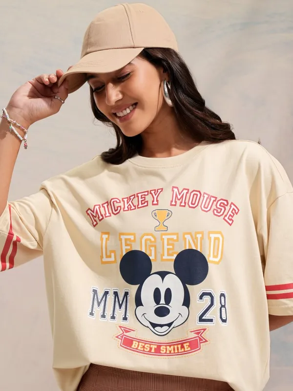 Disney By Tokyo Talkies Women Beige Mickey Mouse Printed Relaxed Fit Casual T-Shirt