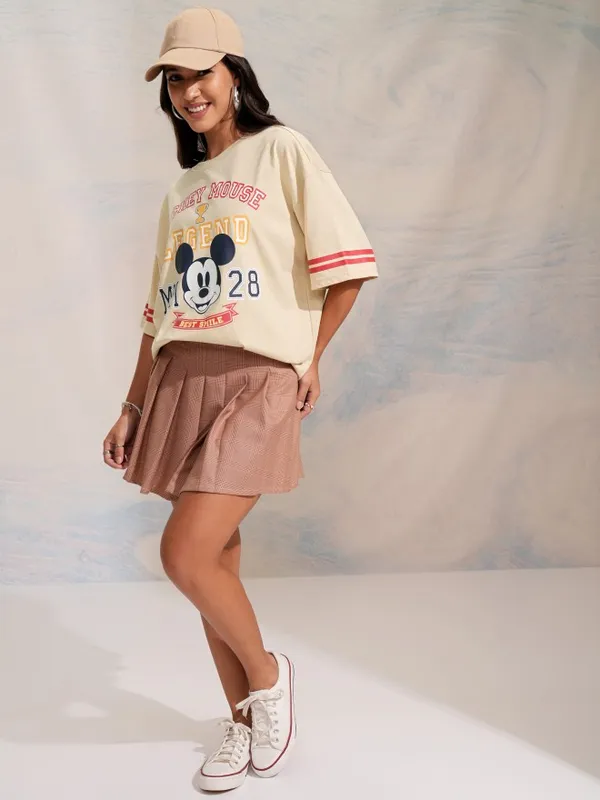 Disney By Tokyo Talkies Women Beige Mickey Mouse Printed Relaxed Fit Casual T-Shirt