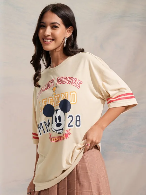Disney By Tokyo Talkies Women Beige Mickey Mouse Printed Relaxed Fit Casual T-Shirt