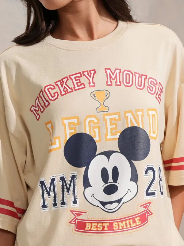 Disney By Tokyo Talkies Women Beige Mickey Mouse Printed Relaxed Fit Casual T-Shirt