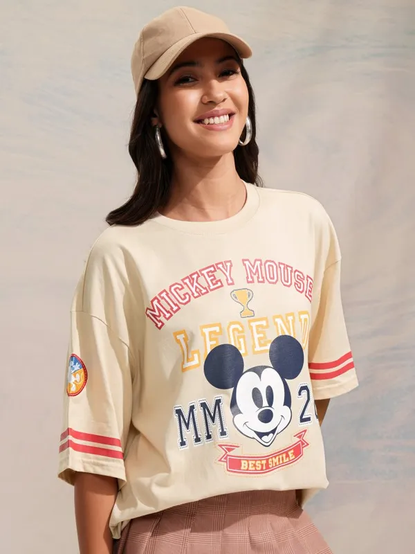 Disney By Tokyo Talkies Women Beige Mickey Mouse Printed Relaxed Fit Casual T-Shirt