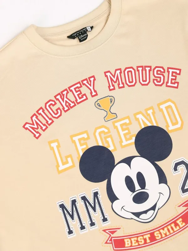 Disney By Tokyo Talkies Women Beige Mickey Mouse Printed Relaxed Fit Casual T-Shirt