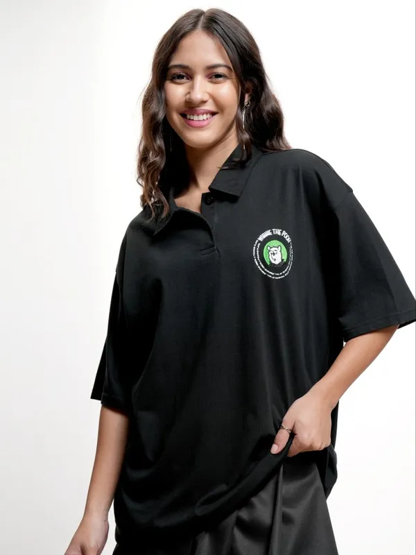 Disney By Tokyo Talkies Women Black Winnie The Pooh Printed Polo Collar T-Shirt