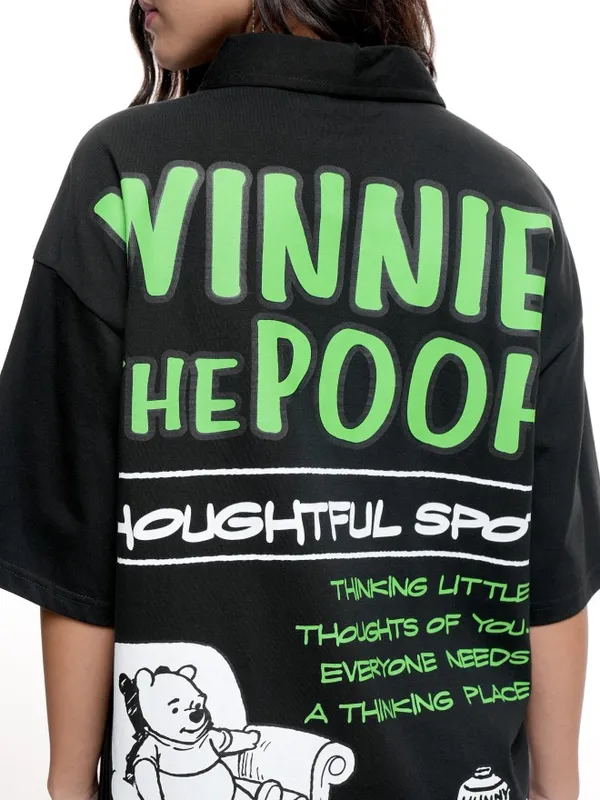 Disney By Tokyo Talkies Women Black Winnie The Pooh Printed Polo Collar T-Shirt