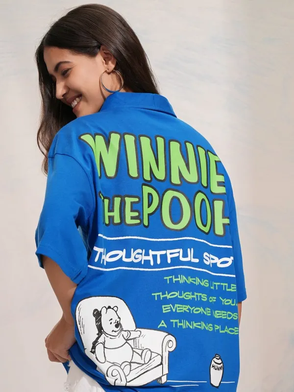 Disney By Tokyo Talkies Women Blue Winnie The Pooh Printed Polo Collar Oversized Fit T-Shirt
