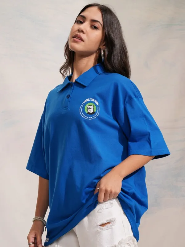 Disney By Tokyo Talkies Women Blue Winnie The Pooh Printed Polo Collar Oversized Fit T-Shirt