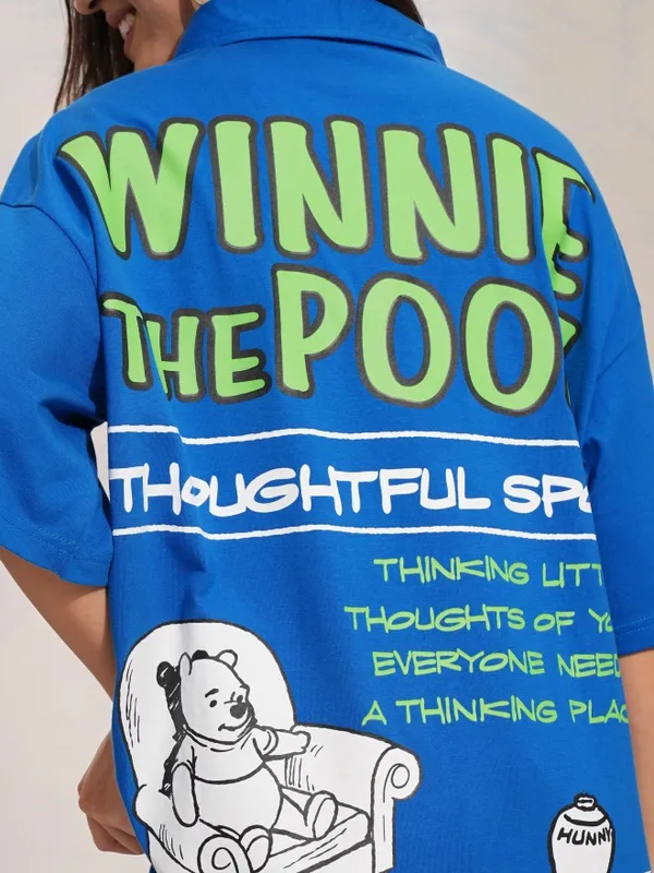 Disney By Tokyo Talkies Women Blue Winnie The Pooh Printed Polo Collar Oversized Fit T-Shirt