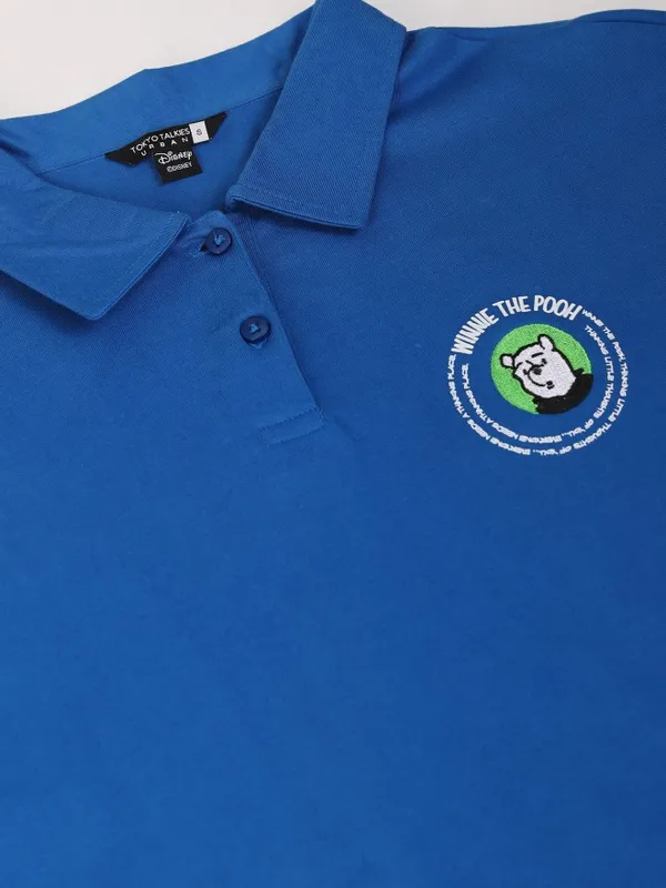 Disney By Tokyo Talkies Women Blue Winnie The Pooh Printed Polo Collar Oversized Fit T-Shirt