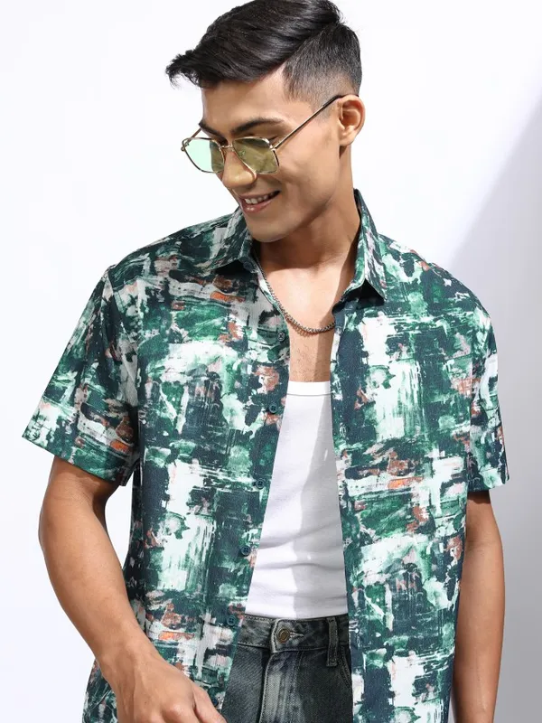 Locomotive Men Teal Printed Relaxed Fit Casual Shirt