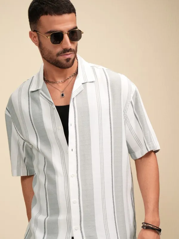 Locomotive Men White Striped Oversized Fit Casual Shirt