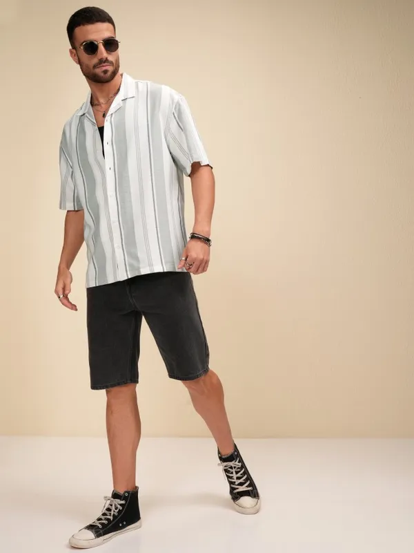 Locomotive Men White Striped Oversized Fit Casual Shirt