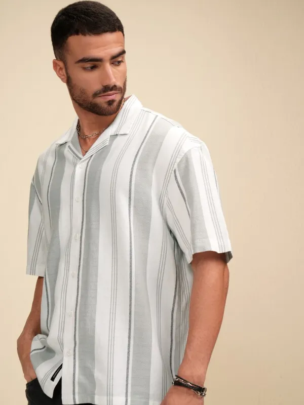 Locomotive Men White Striped Oversized Fit Casual Shirt