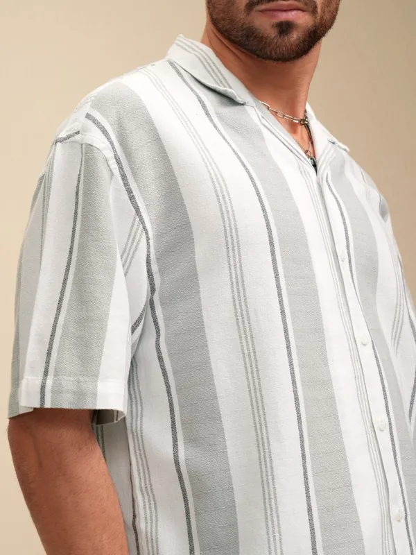 Locomotive Men White Striped Oversized Fit Casual Shirt