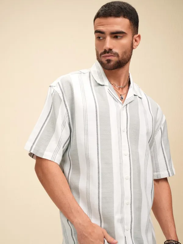 Locomotive Men White Striped Oversized Fit Casual Shirt