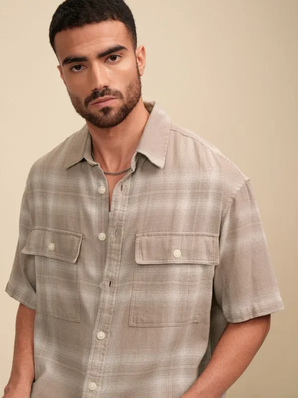 Locomotive Men Tan Checked Oversized Fit Casual Shirt