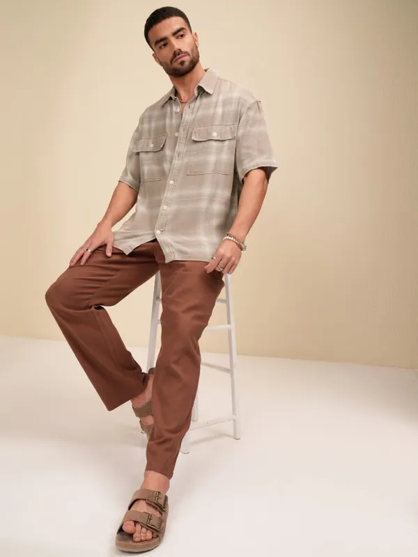 Locomotive Men Tan Checked Oversized Fit Casual Shirt