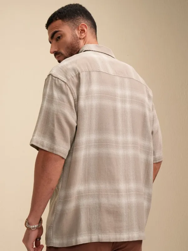 Locomotive Men Tan Checked Oversized Fit Casual Shirt