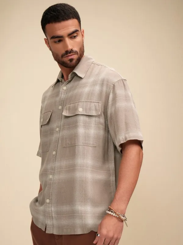 Locomotive Men Tan Checked Oversized Fit Casual Shirt