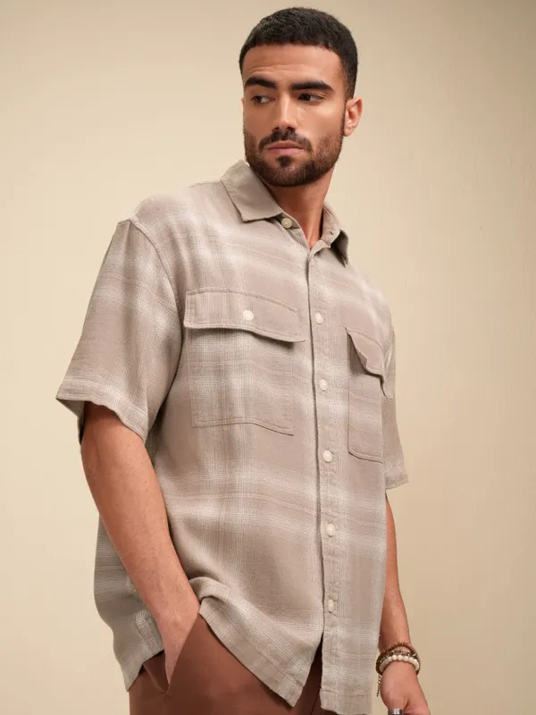 Locomotive Men Tan Checked Oversized Fit Casual Shirt
