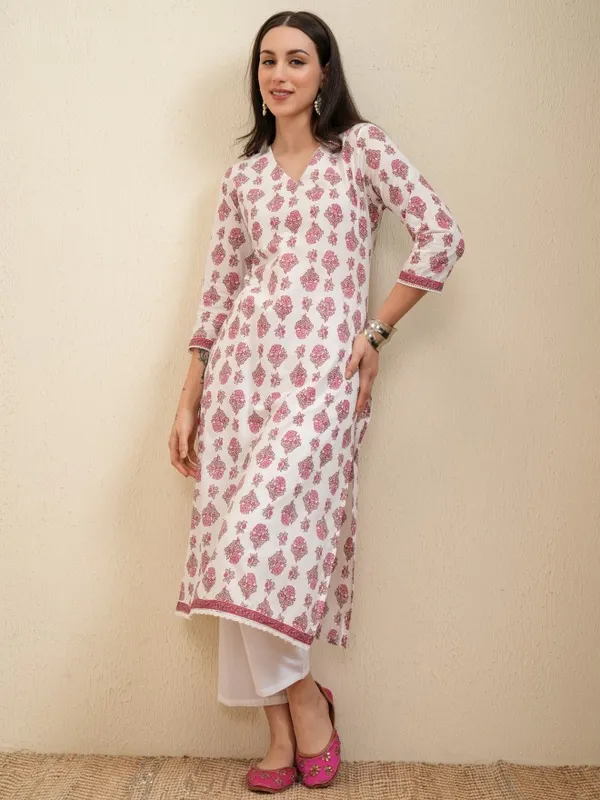 Vishudh Women White Printed Straight Kurta