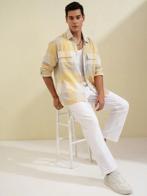 Locomotive Men Yellow Checked Oversized Fit Casual Shirt
