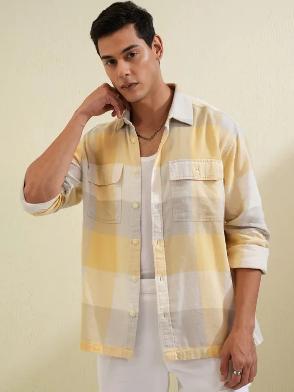 Locomotive Men Yellow Checked Oversized Fit Casual Shirt