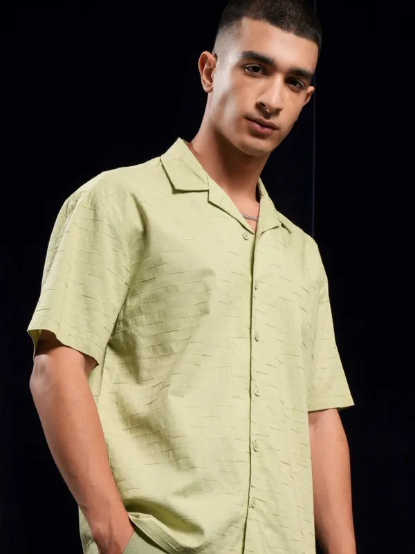 Highlander Green Textured Relaxed Fit Casual Shirt