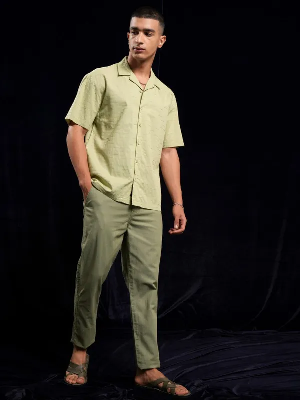 Highlander Green Textured Relaxed Fit Casual Shirt